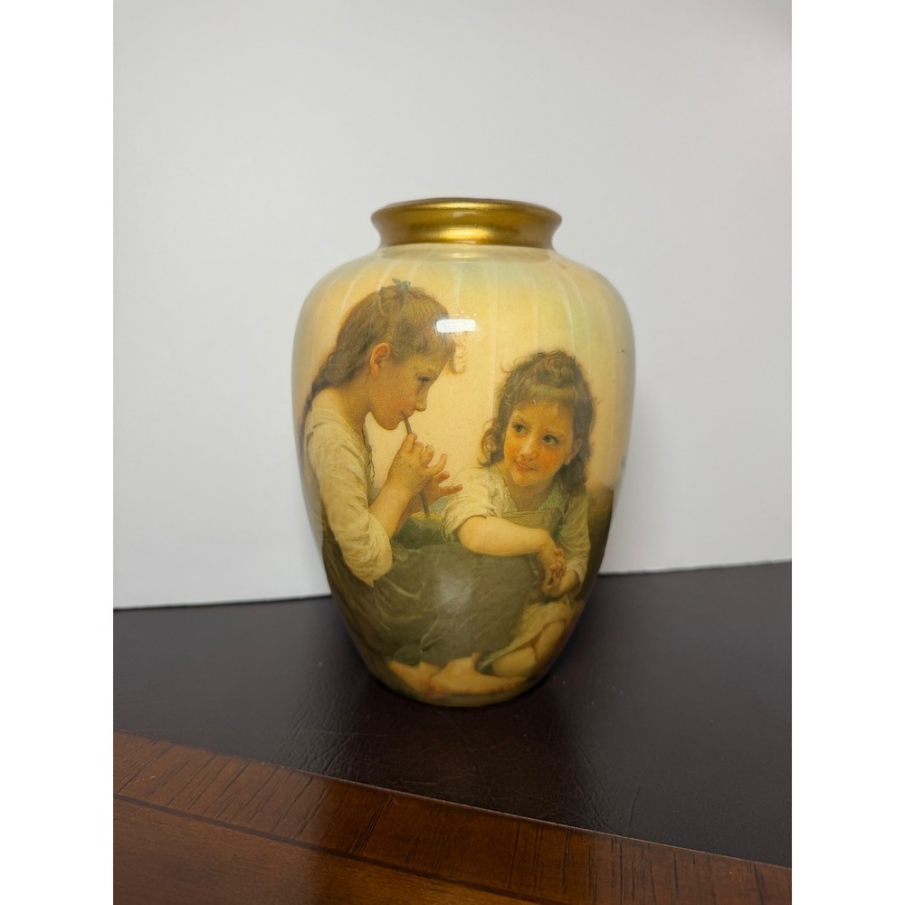 Vintage Porcelain Portrait Vase Gold Gilded Rim Girls Playing Flute 7.5 Inch